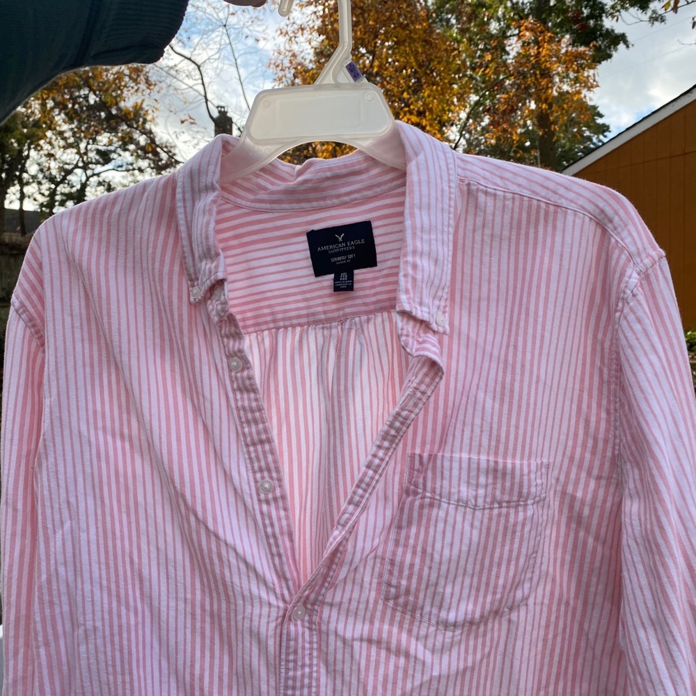 Pink and white striped button up